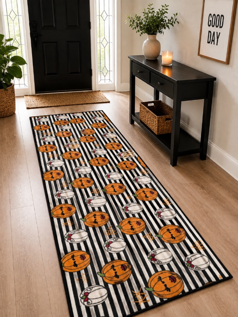 Betsey Johnson Pumpkin Stripe Accent Runner Rug 24x60 Halloween Washable